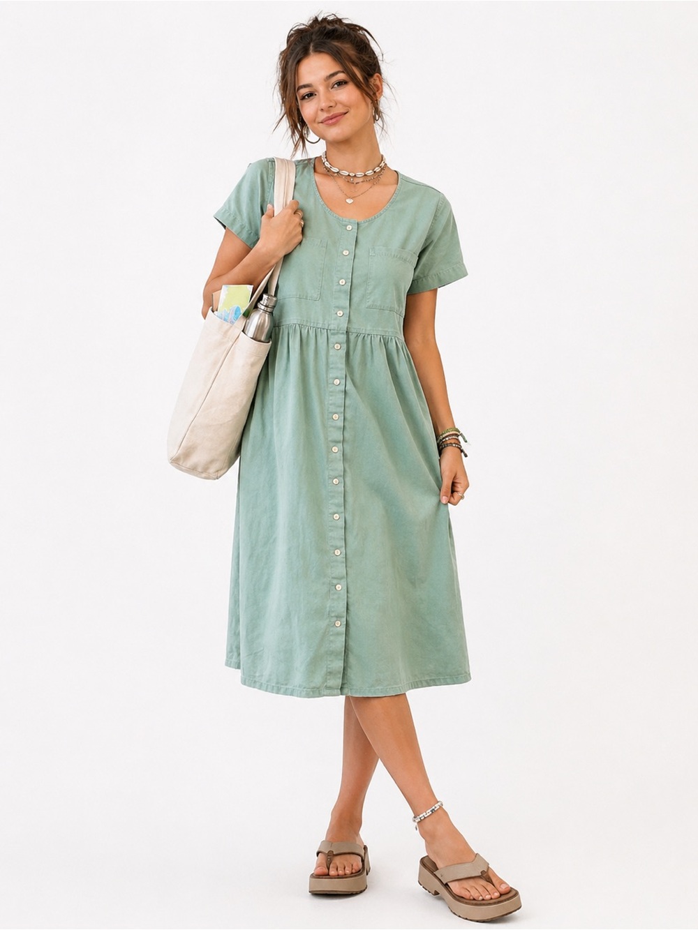 Sunbelt Green Button Front Midi Dress Cotton Casual Boho Size Medium